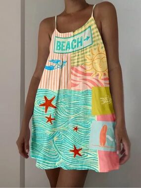 NWOT Beach Patchwork Slip Dress in Aqua, Coral & Yellow SIZE 2x